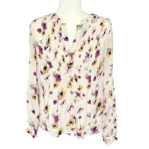 Lucky Brand Women’s M Peasant Blouse Top White Floral Long Sleeve Boho